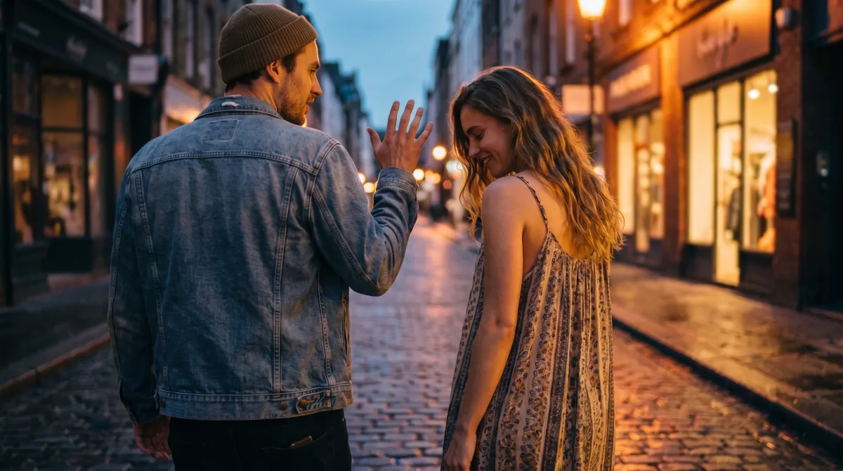 Two people walk down a city street at dusk, deep in conversation, one gesturing mid-sentence