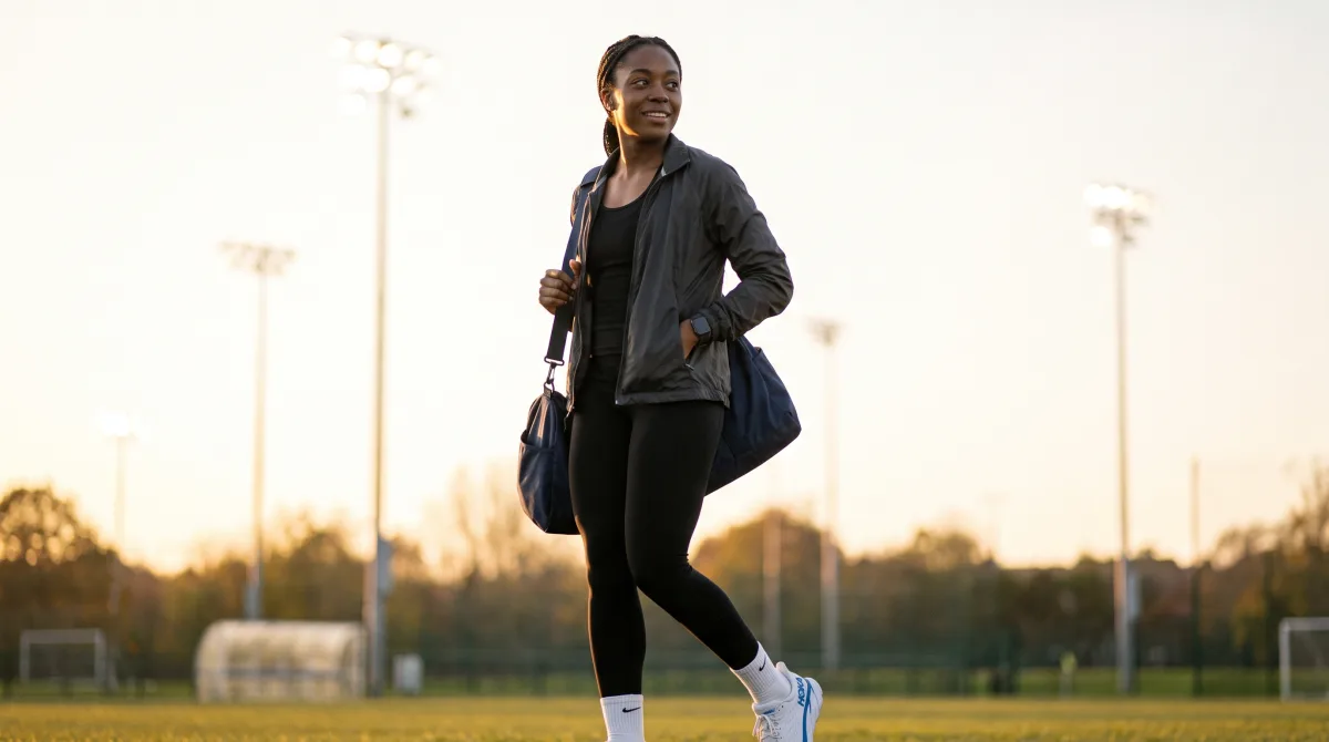 A lone athlete walks off a training field at dusk, kit bag over one shoulder, field lights glowing behind her