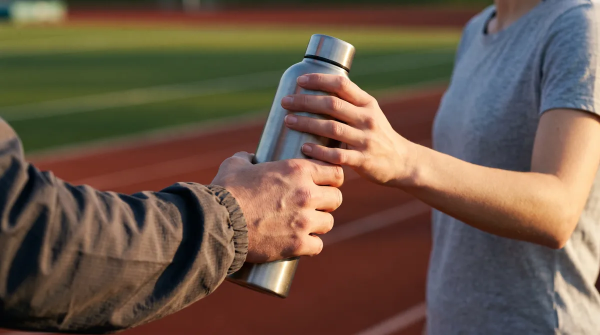 Close-up at trackside of one hand passing a water bottle into another person's outstretched hand