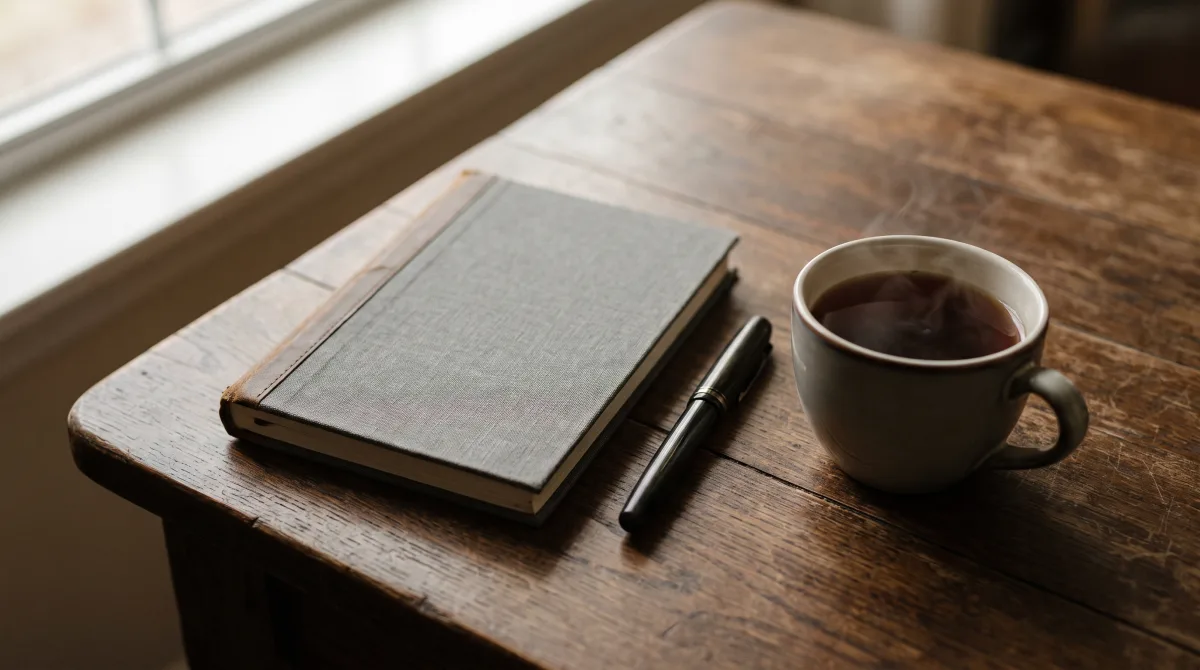 Close-up still life of an open notebook left mid-page beside a closed laptop and a cooling cup of tea, no people in frame