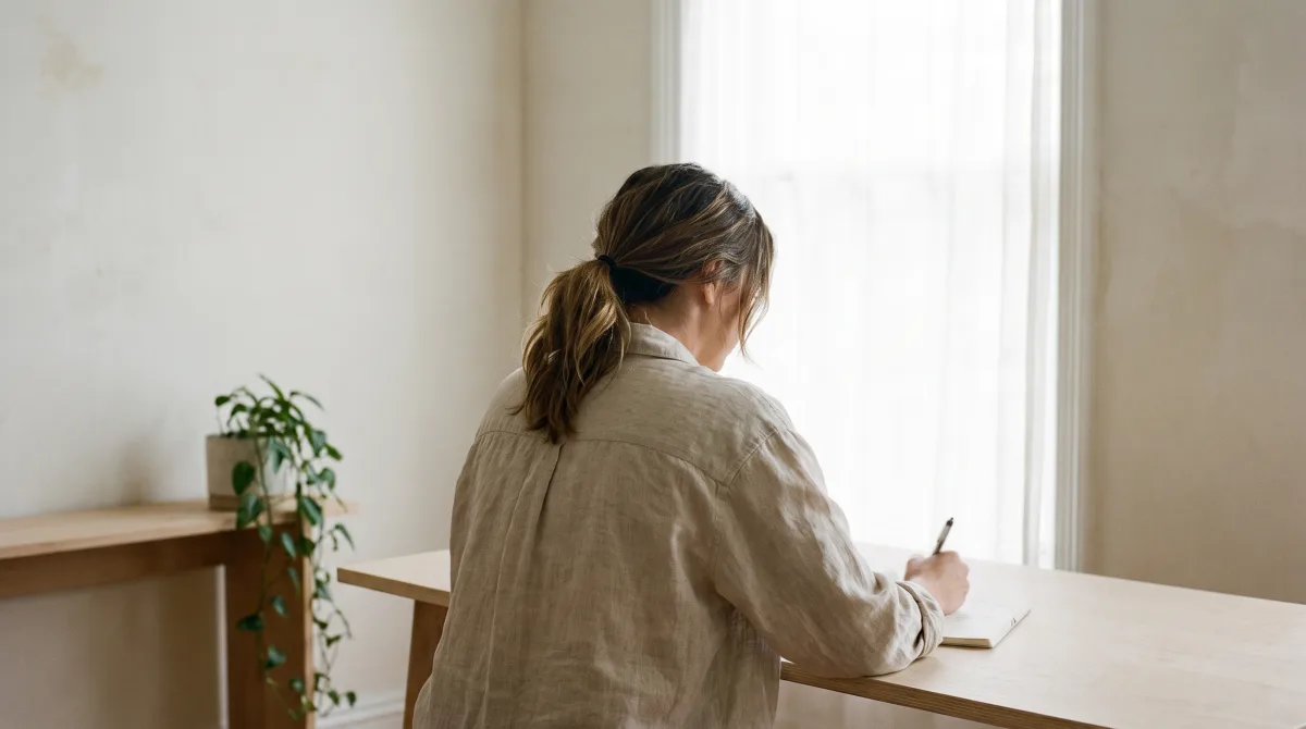 A young adult sitting alone at a plain desk by a window, writing unhurried in an uncluttered room they arranged themselves