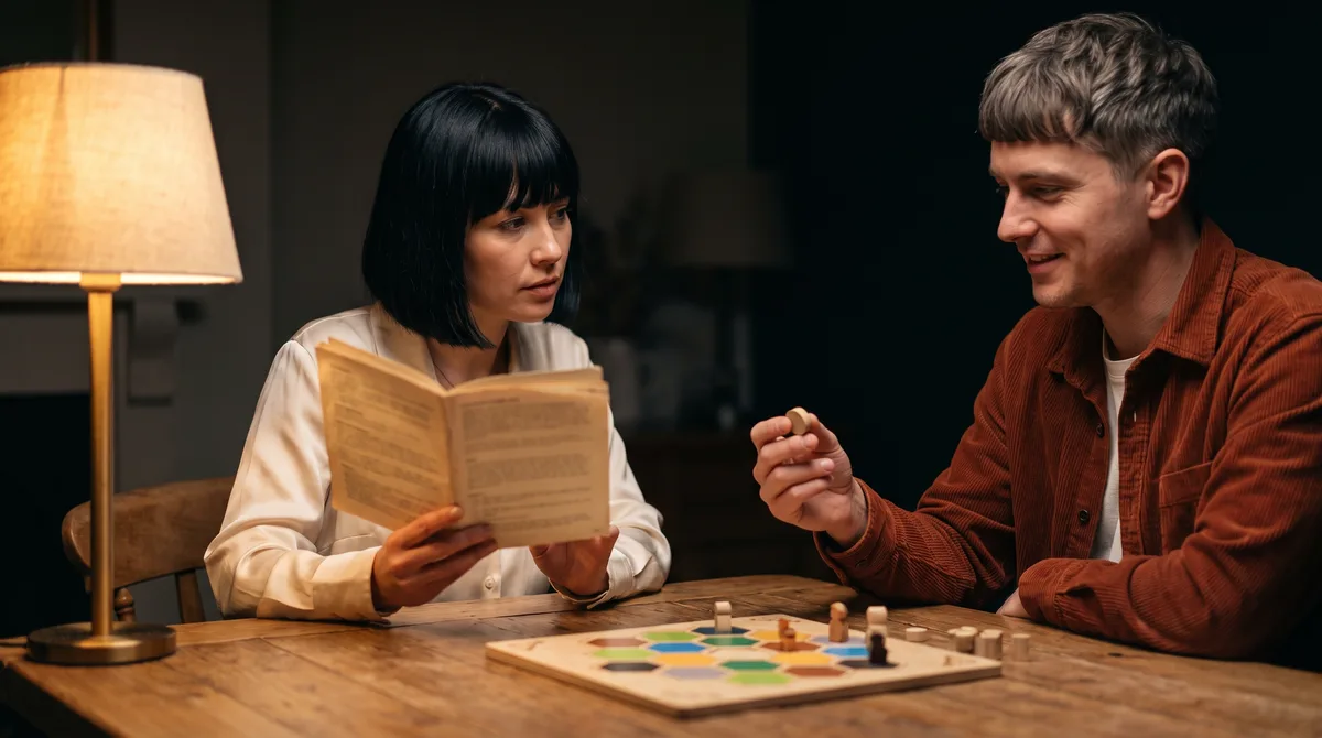 A man and a woman in their thirties sit across a wooden table in warm lamplight, a half-finished board game between them, she holding the open rulebook while he waits with a small wooden token between two fingers