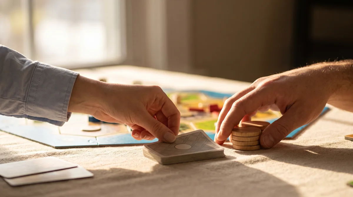 Close-up over a half-finished game board in flat afternoon window light: a woman's hand drawing a card from the pile, a man's hand resting on a stack of wooden resource tokens, faces out of frame