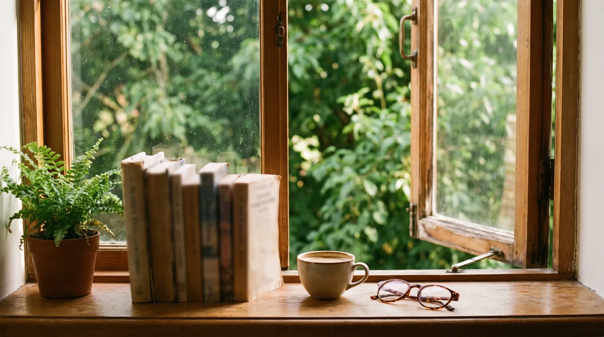 A small stack of well-worn books with a coffee cup and reading glasses on a sunlit windowsill
