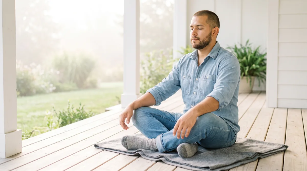 A young man sits cross-legged on a garden porch in early morning light, eyes closed and hands resting on his knees