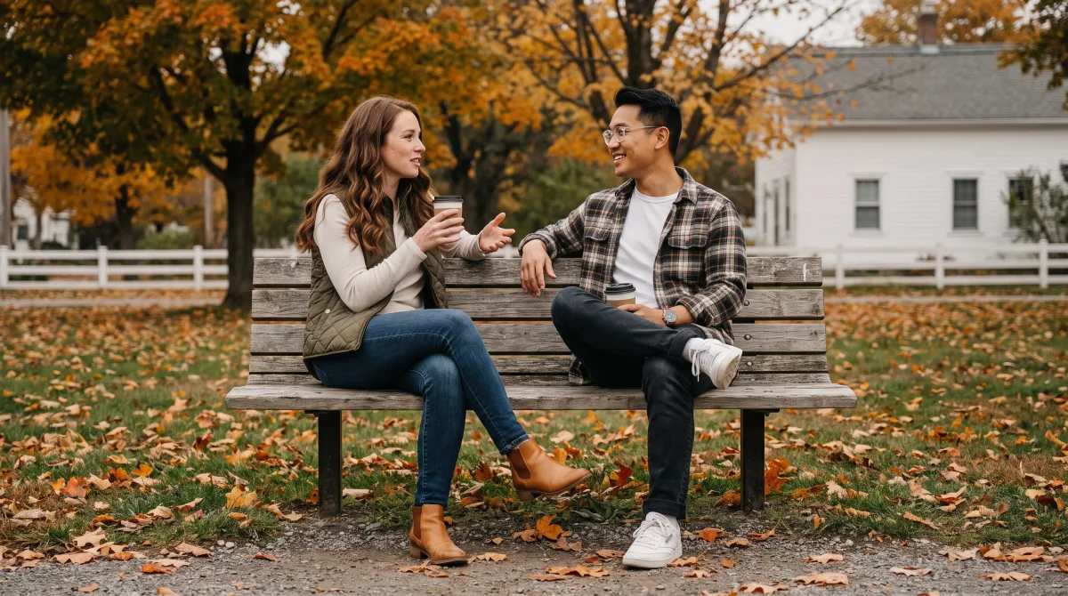 Two people sit together on a park bench in autumn, leaves scattered around them, mid-conversation