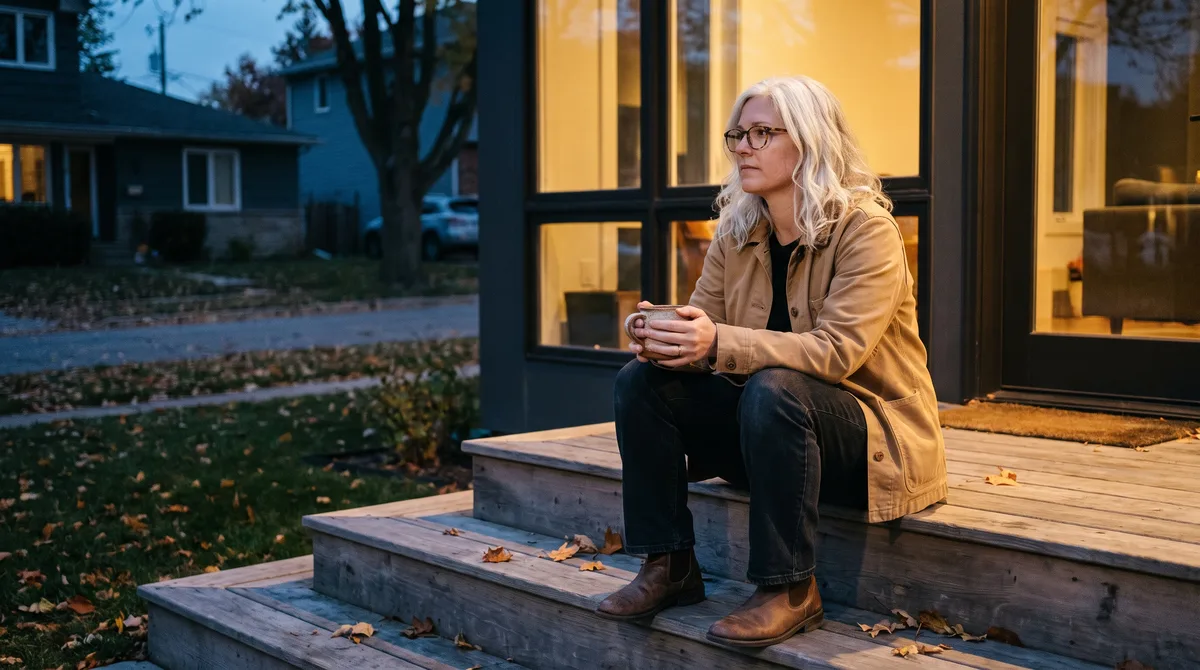 A woman in a canvas chore jacket sits alone on porch steps at dusk, a mug cradled in both hands, the house windows glowing warm behind her