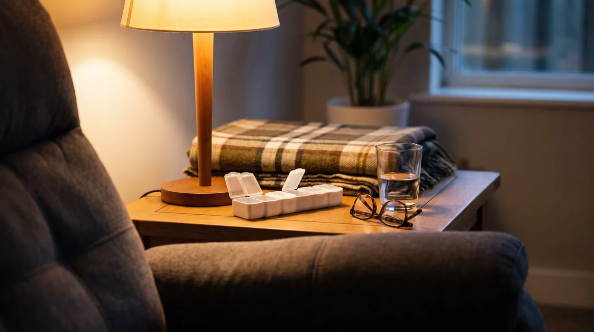 Close-up of a pill organizer and a folded throw blanket on a small table beside a recliner, lit by a single lamp in the evening