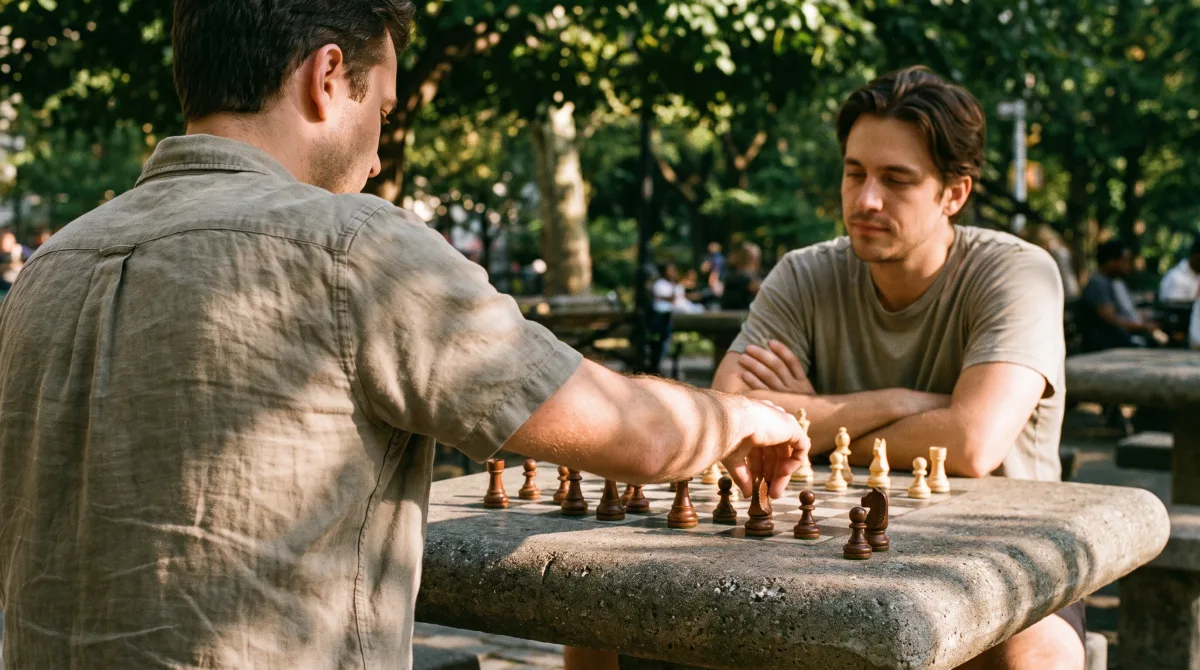 Over-the-shoulder view of two people at an outdoor park chess table in late-summer dappled light, one mid-move