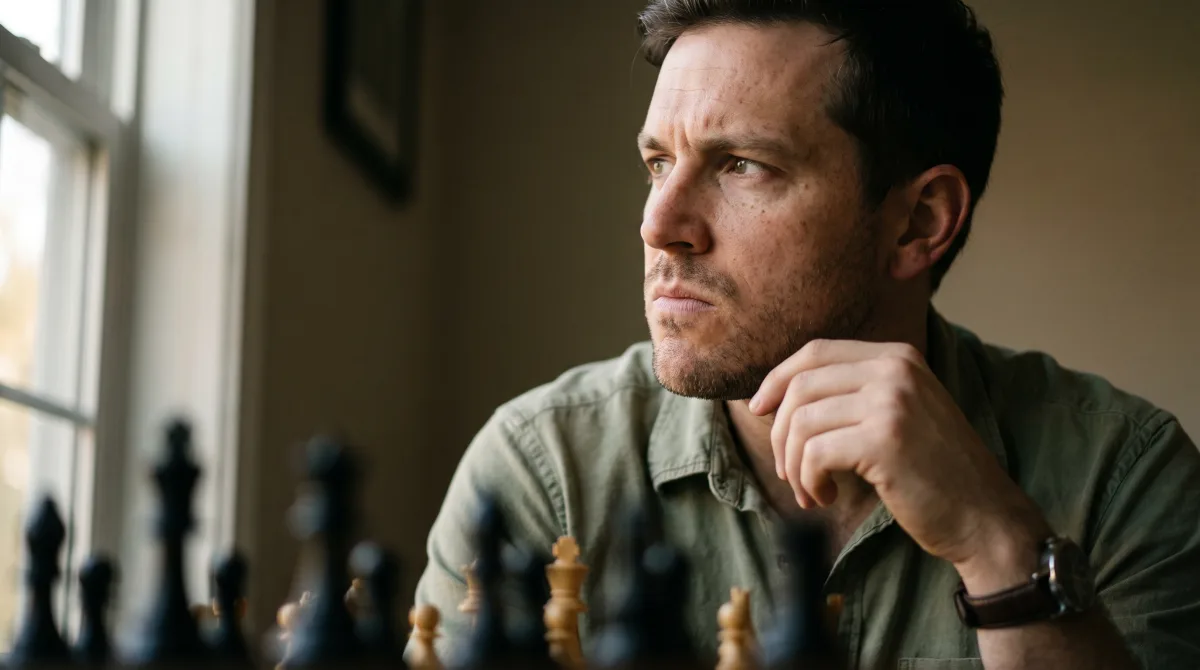 A man in his thirties looking off-camera mid-thought, a chessboard blurred in the foreground