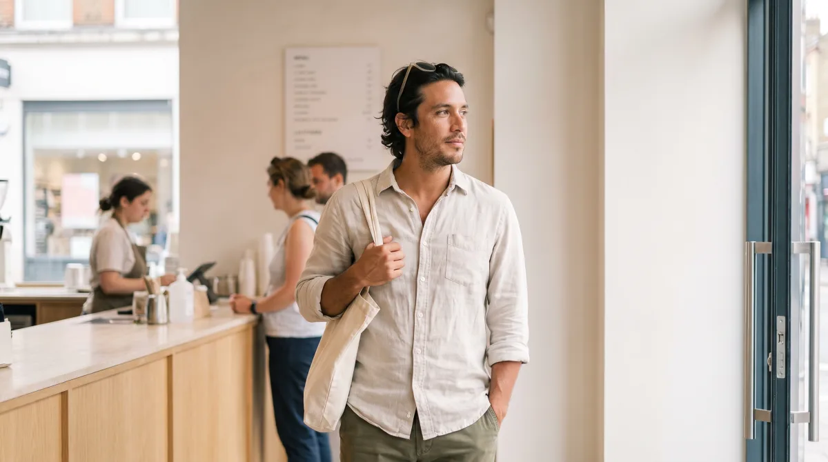 A person waiting alone at a busy café counter in the early evening, looking past the queue toward the door