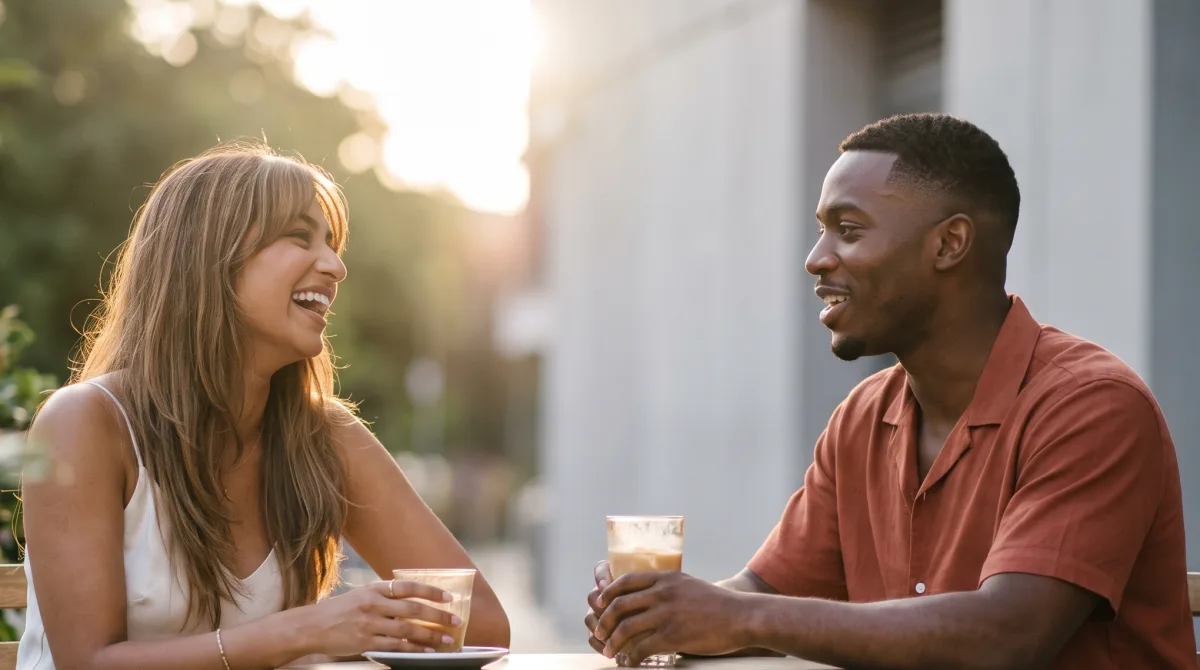 Two people talking across a small table on a café terrace in the late afternoon, unhurried, cups already half-empty