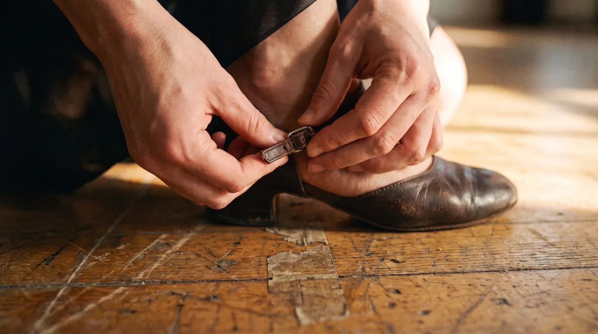 Close-up of hands re-tying a dance shoe strap on a worn wooden studio floor, seen from a low angle