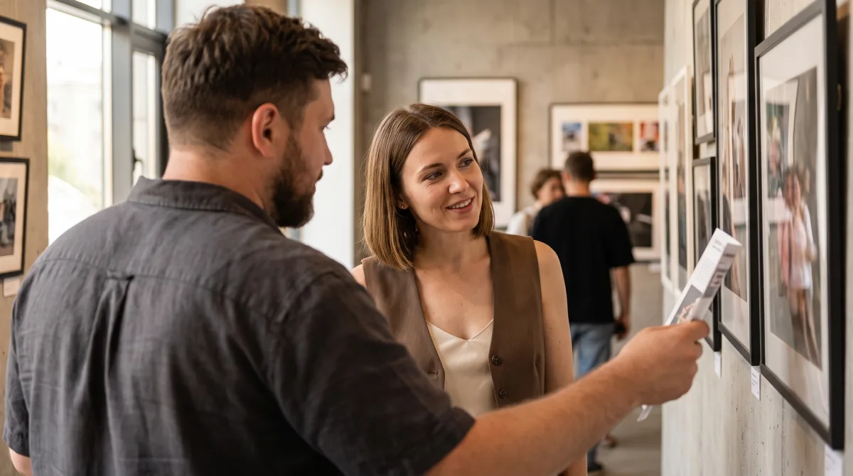 Two people talking at a gallery wall in late August, one mid-sentence about a print