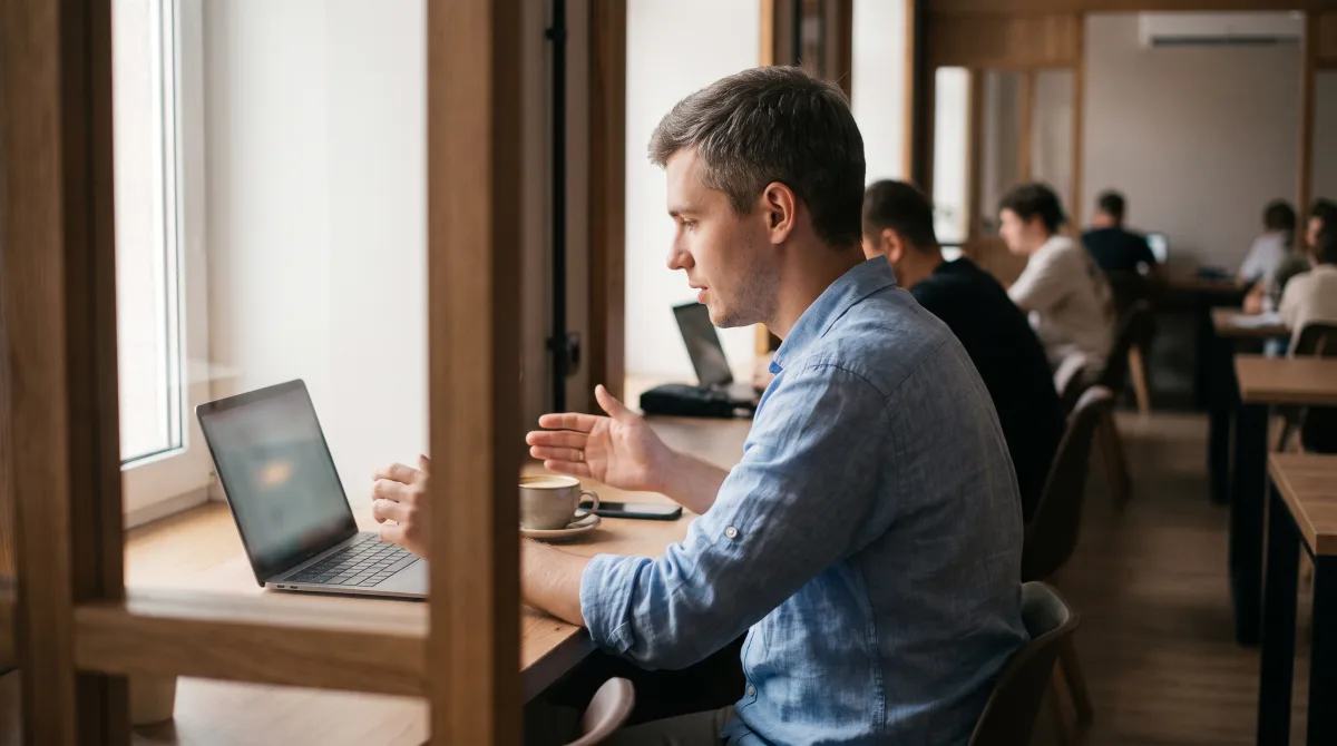 A remote worker reaching for a coffee cup beside an open laptop at a window seat in a modern Kazan coworking space