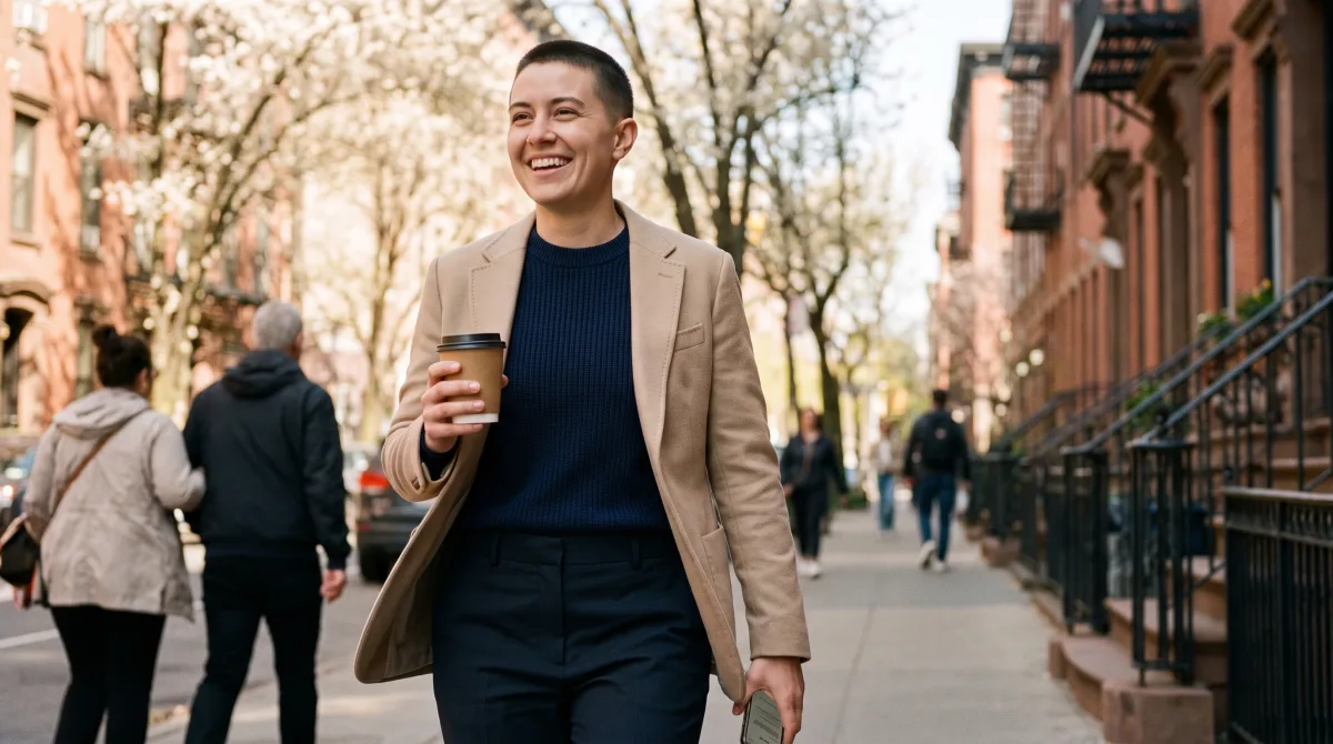 A confident thirty-something stepping onto a bright spring city street with a coffee
