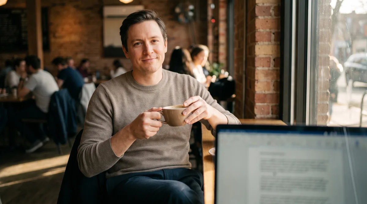 A reflective, optimistic thirty-something with a coffee at a stylish sunlit café