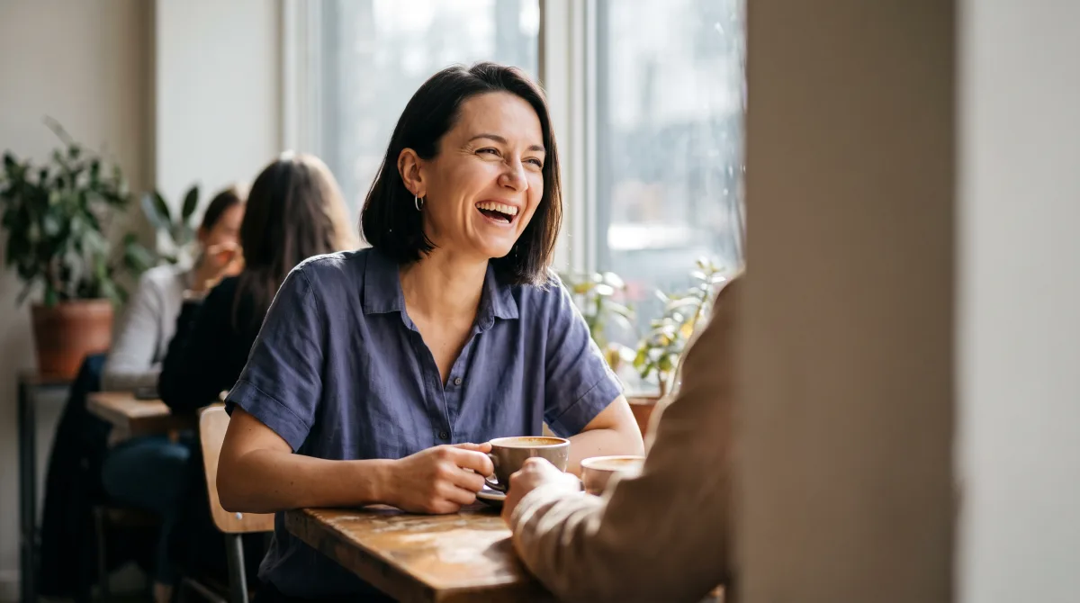A doctor in her thirties in her own clothes, laughing over coffee at a sunlit café table, off shift