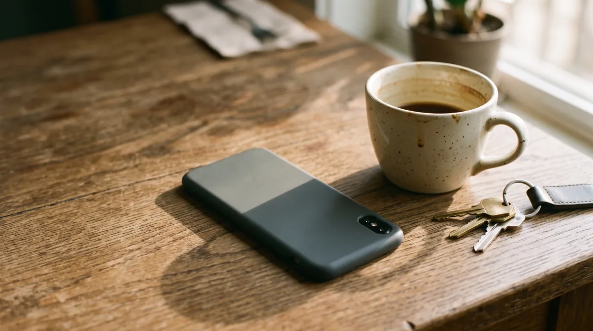 A phone lying face-down beside a half-finished cup of coffee on a wooden table in soft afternoon light