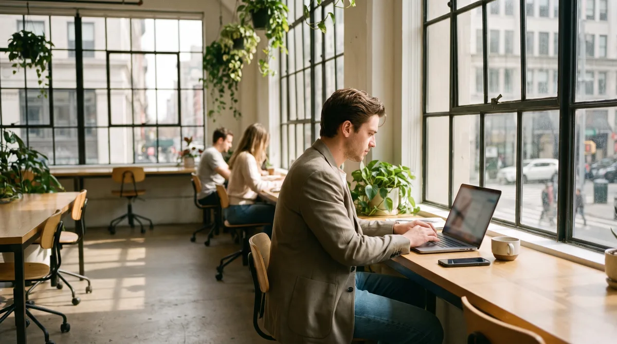 A bright modern coworking space with a young founder working at a window desk