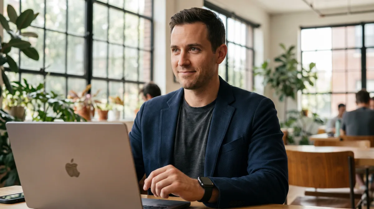 A focused young entrepreneur looking up from a laptop in a bright plant-filled coworking space