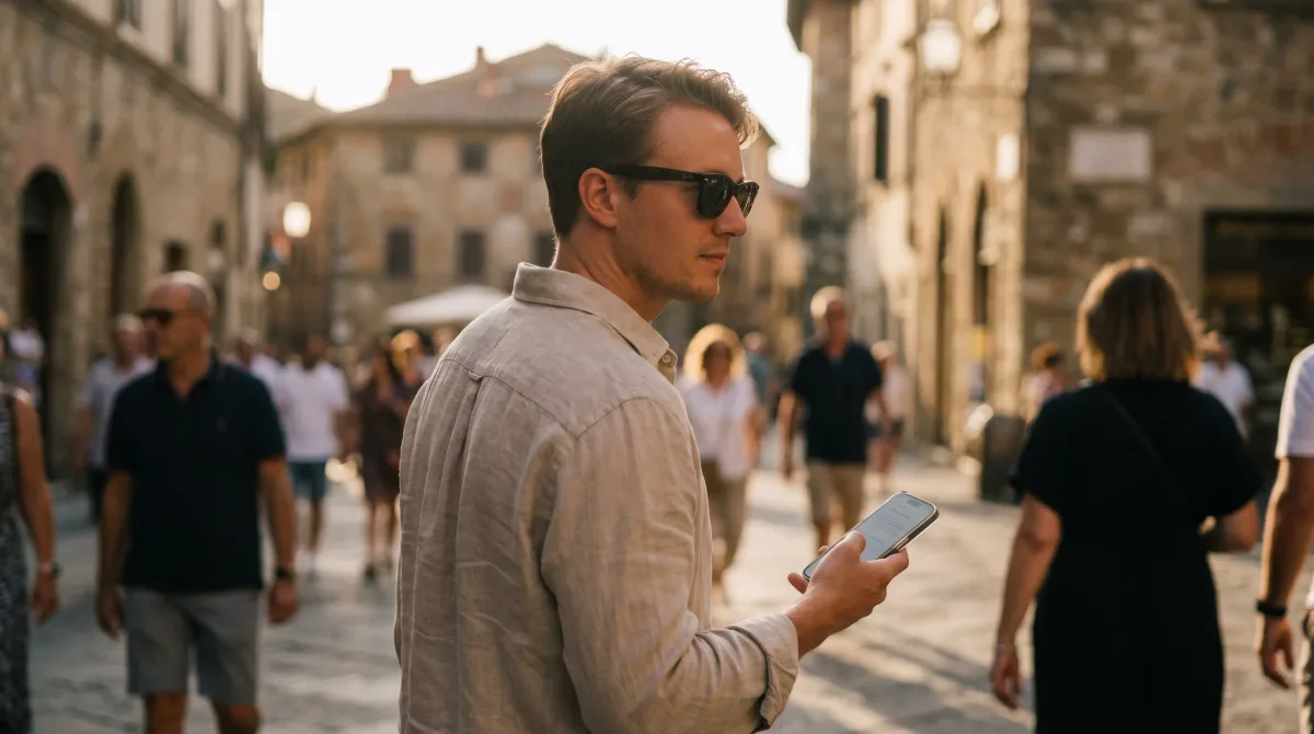 A young expat walking a sunlit foreign old-town street, phone in hand, among a soft crowd