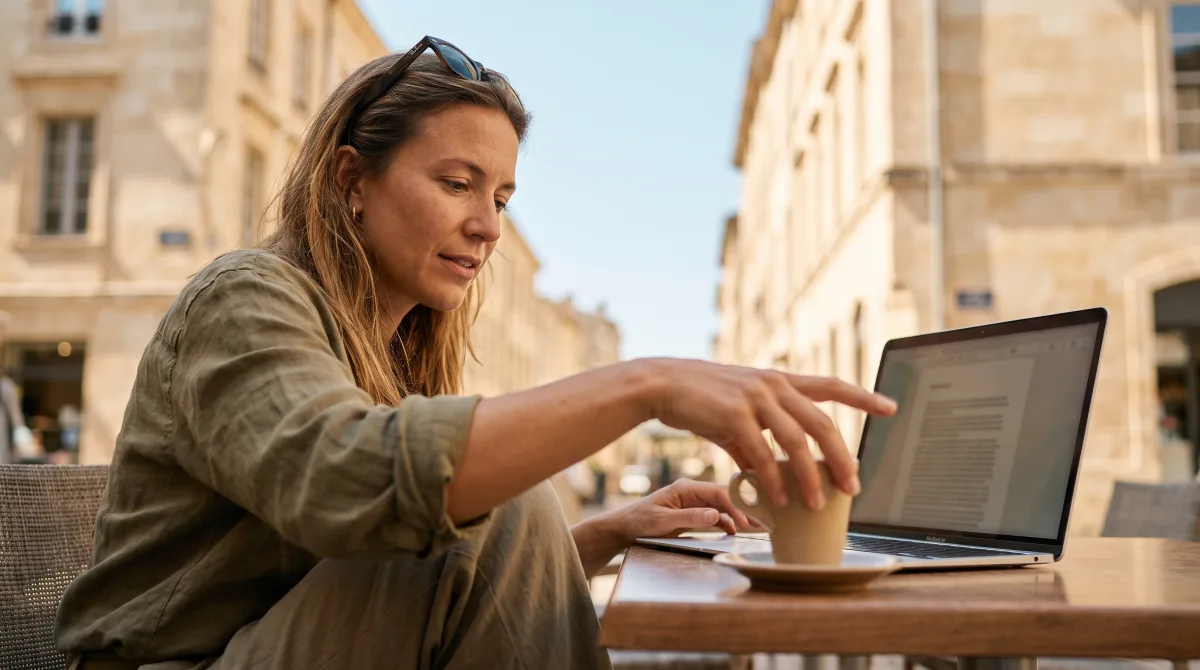A sun-kissed young expat working on a laptop and reaching for coffee on a café terrace abroad