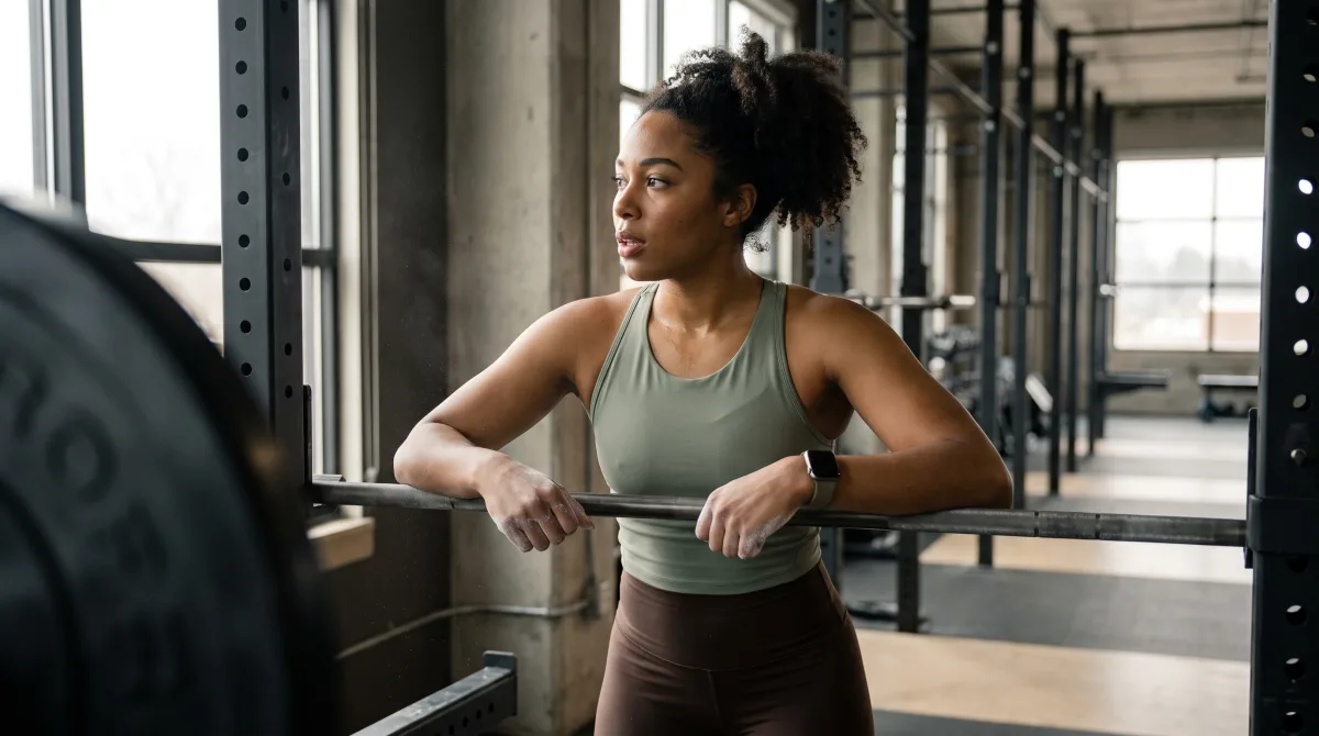 A young woman resting between sets in a gym, catching her breath in natural window light, no phone in her hands