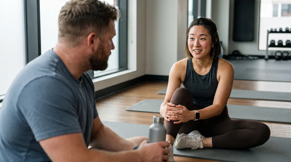 Two people stretching side by side on gym mats after a session, mid-conversation, still catching their breath