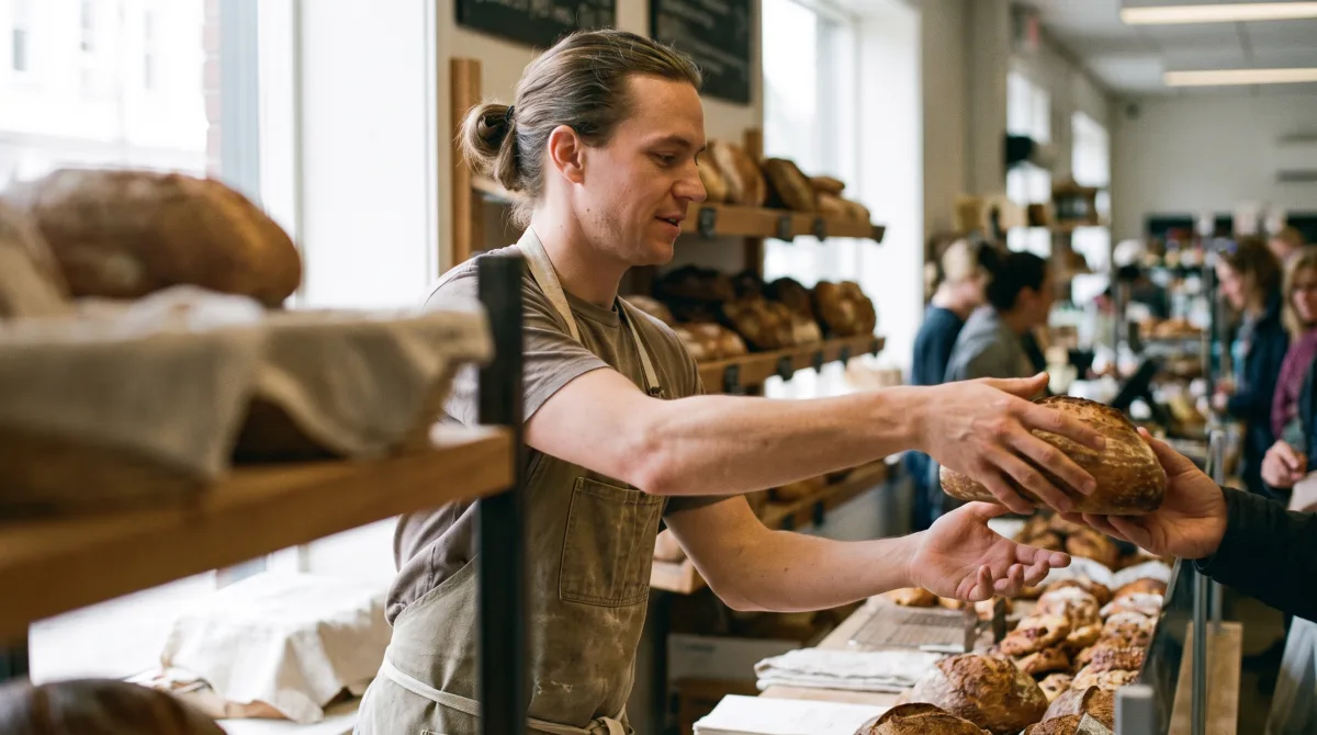 A vendor mid-gesture handing a loaf of bread across a market counter in late-summer light