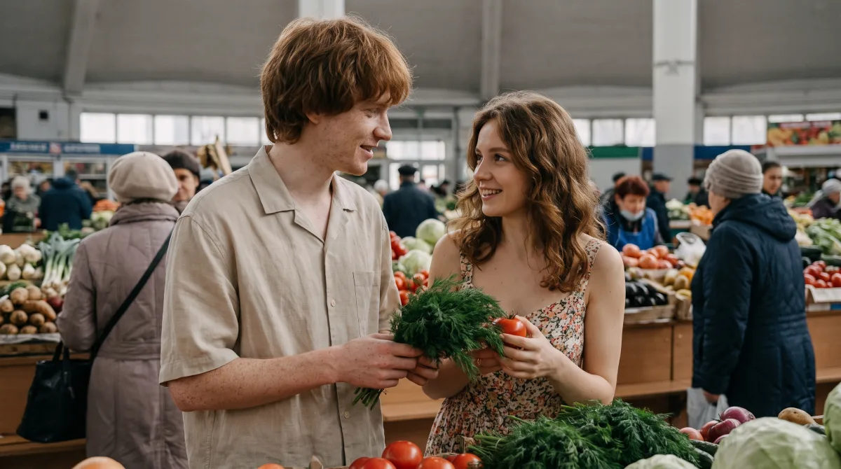 A couple in their thirties mid-conversation in a covered market hall on a late-summer afternoon, one holding up a peach for the other to inspect