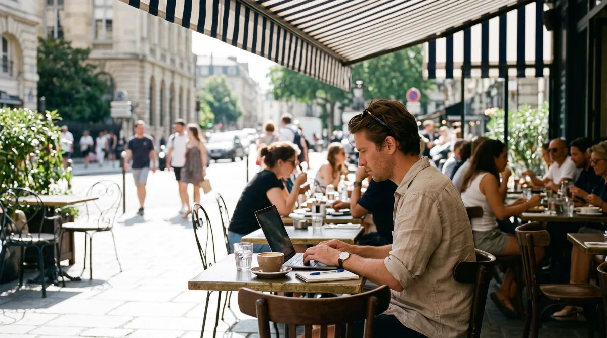 A freelancer working alone at a café terrace table in strong August sunlight, laptop open, the street humming past behind them