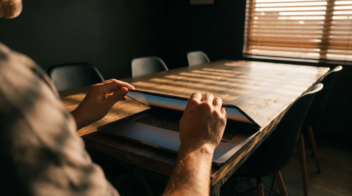 Closing a laptop lid at a shared-workspace desk as evening light comes low through the blinds