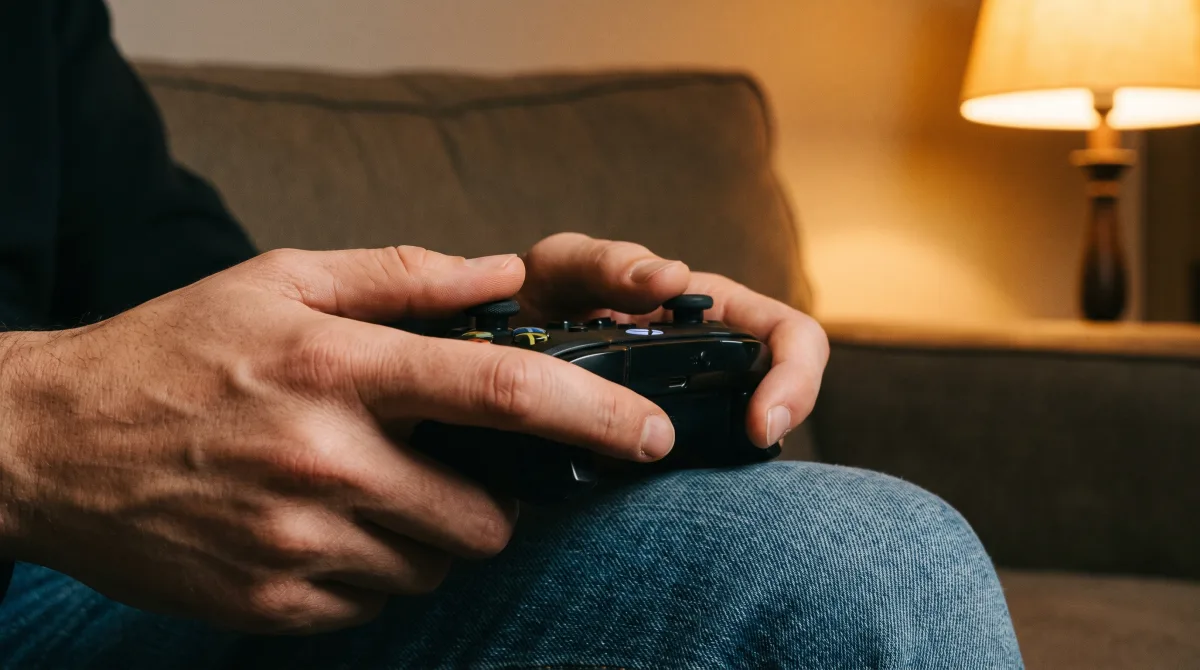 Close-up of hands resting on a game controller balanced on a knee, warm lamp light in the background on a sofa