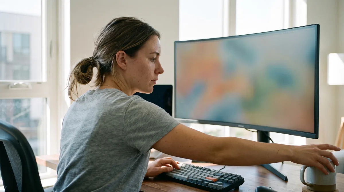 A woman in her mid-20s reaching for a coffee mug at her home desk PC setup, bright late-morning window light behind her