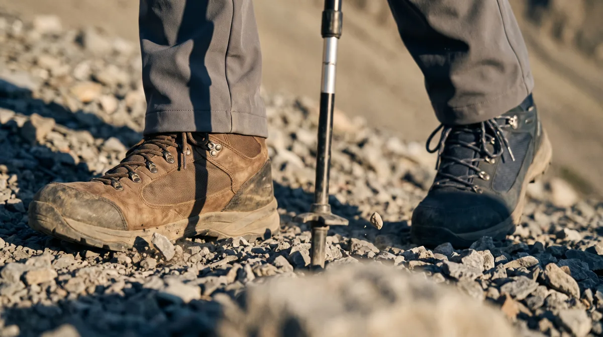 Close macro of two boots and the tip of a trekking pole planted on loose grey scree