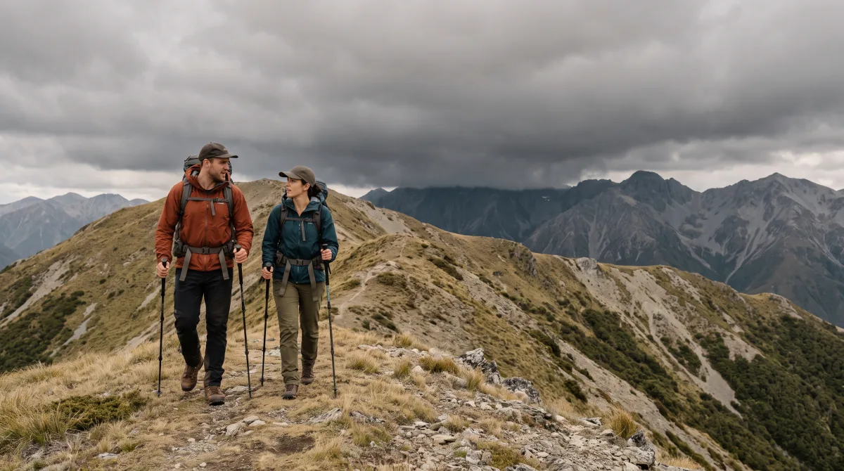 Two small figures walking a bare ridge line under full packs, with weather building over the range behind them