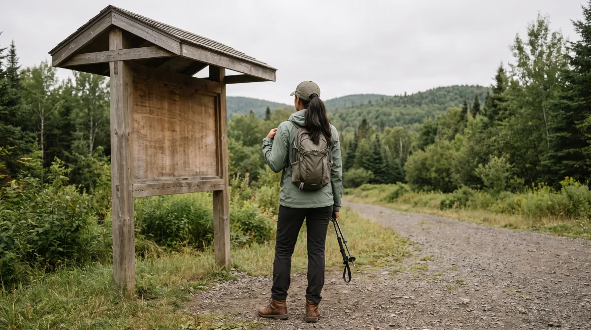 A person seen from behind, standing at a wooden trailhead information board in flat morning light