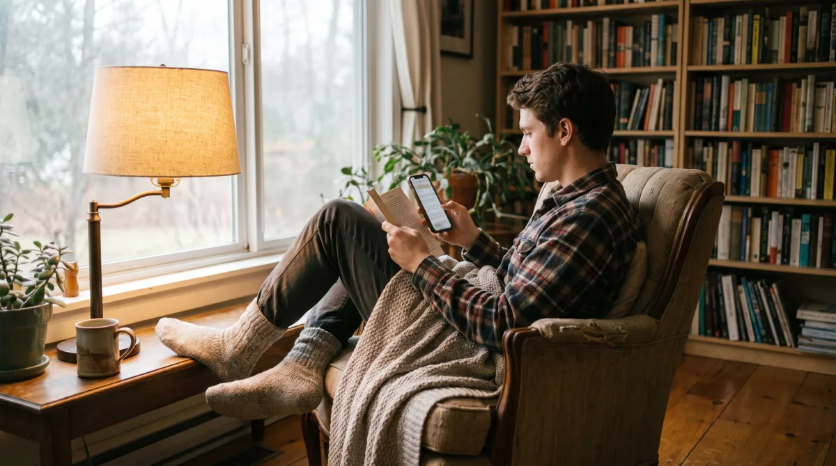 A young man curled up reading in a cozy armchair by a bookcase on a soft winter afternoon