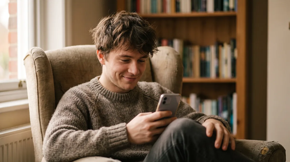 Portrait of a young man with a quiet private smile as he lowers his phone after reading