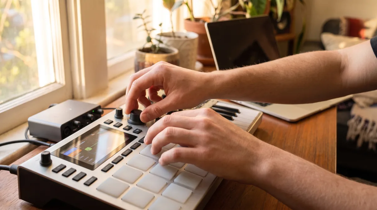 Close-up of a producer's hands adjusting the knobs on a synthesizer next to a laptop and a pair of over-ear headphones in a home studio