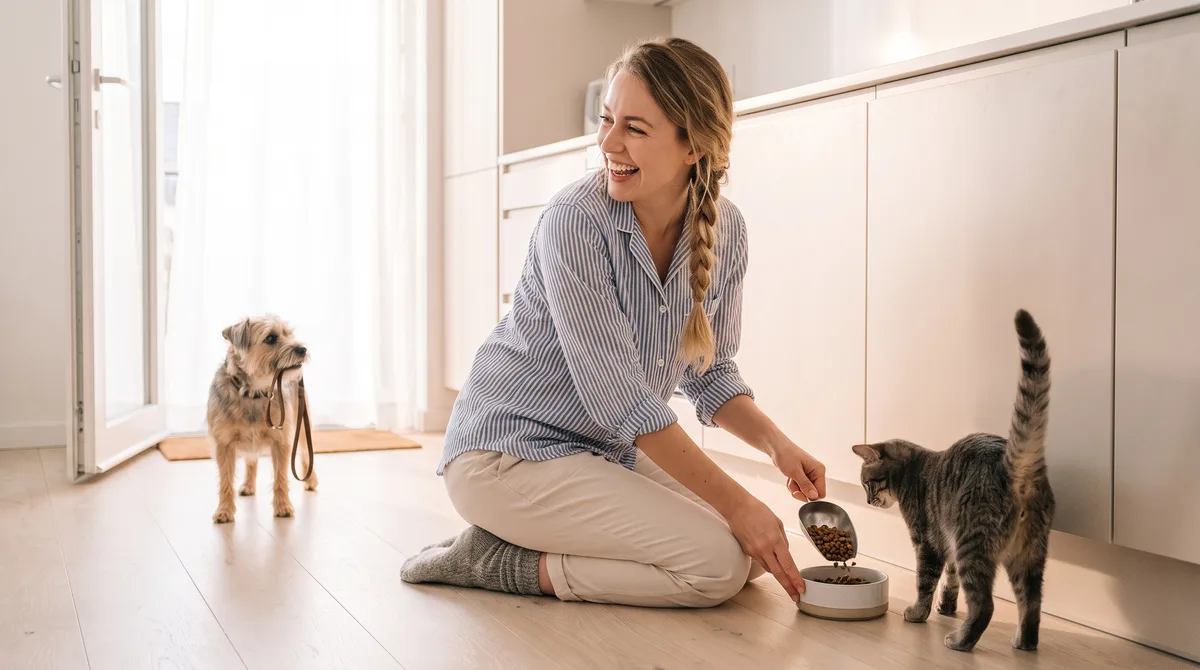 A woman in wool socks kneels on a kitchen floor at dawn filling a cat's bowl while a small dog waits by the front door with its leash in its mouth
