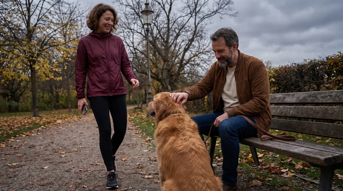 A man sits on a park bench at dusk scratching a large dog's ear, its leash looped loosely over the armrest, while a woman walking past slows to look at the dog