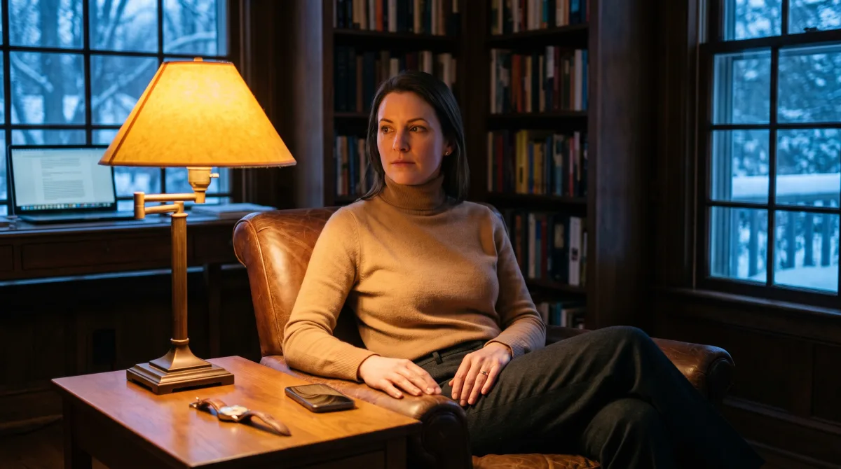 A composed, understated public figure glancing aside in a quiet lamp-lit home library