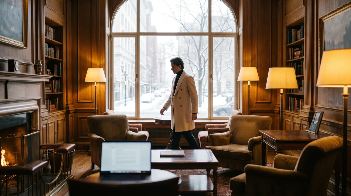A private figure walking toward a window across an elegant, quietly luxurious club room
