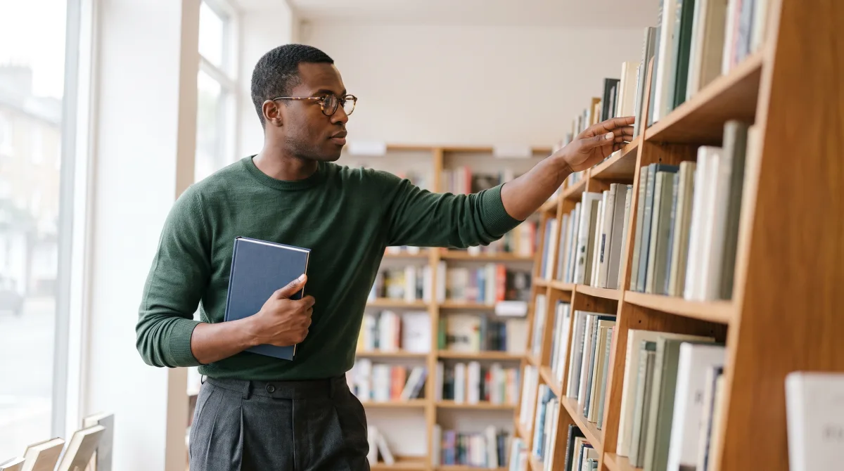 A young man reaching along a bookshop shelf mid-motion, natural light spilling in from the shopfront window