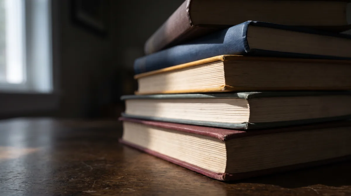 Macro close-up of the edge of a stack of books, spines fanned out with no titles legible