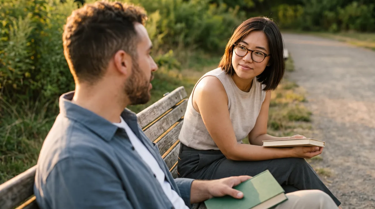 Two people talking on a park bench, both books closed in their laps