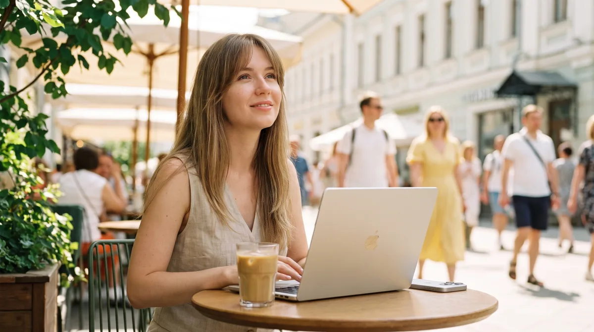 A remote worker at a lively street-side café table, laptop open beside an iced coffee, relaxed in the bright afternoon light