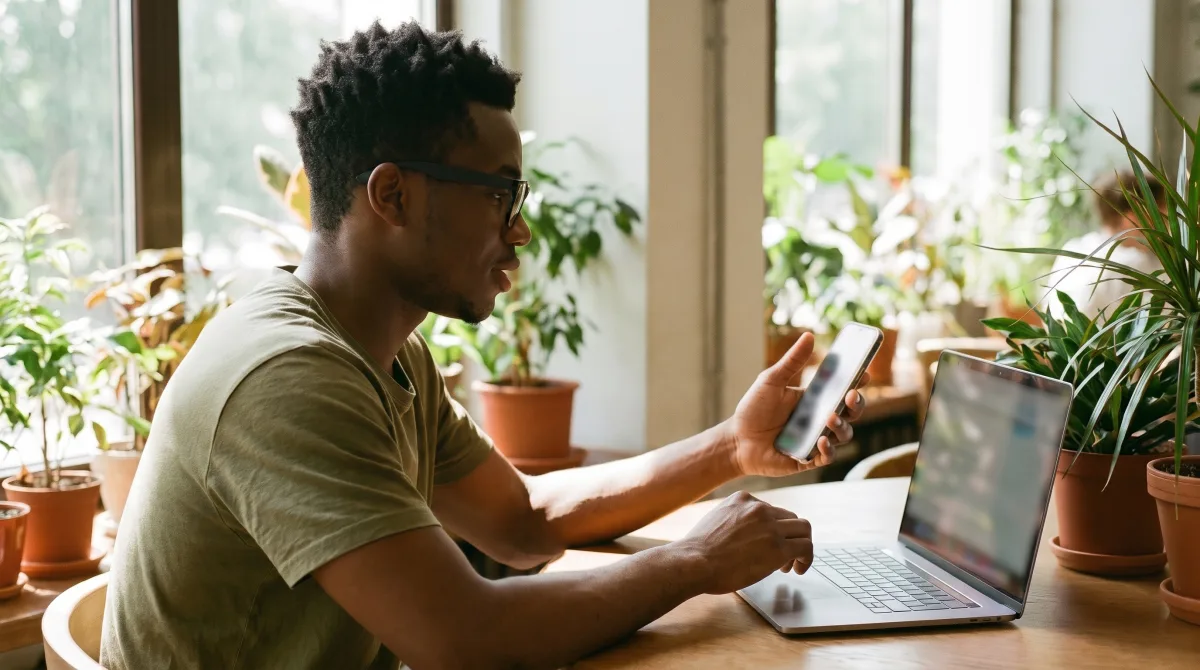 A remote worker checking a phone message calmly during a quiet break, laptop closed on the desk beside them